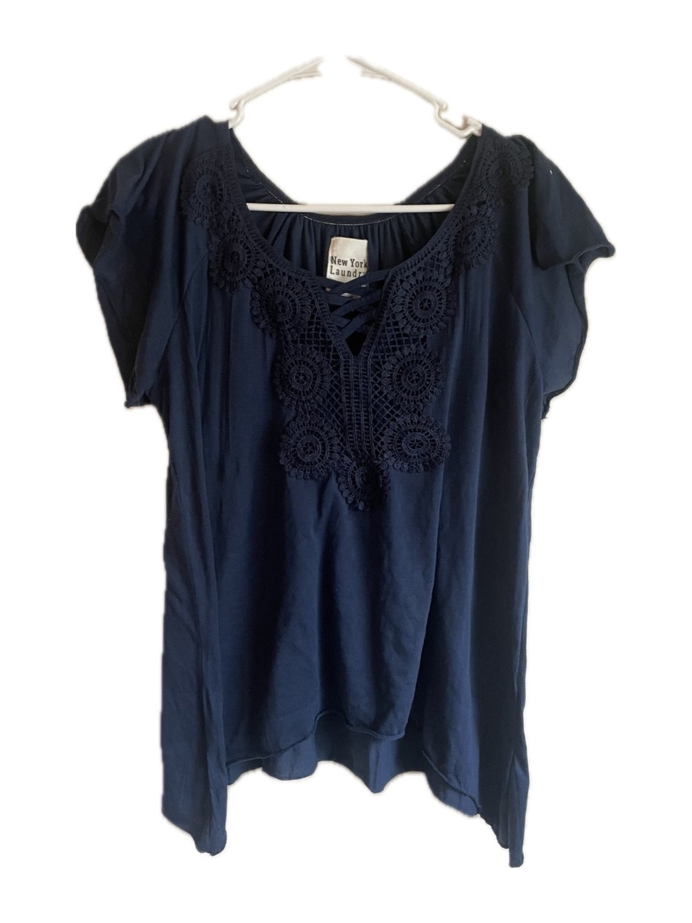 New York Laundry Navy Blue Crochet Lace Boho Tunic Blouse Top M